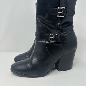 MICHAEL KORS Black Leather Block Heels Moto Buckle Zip Boots Booties Size 8.5